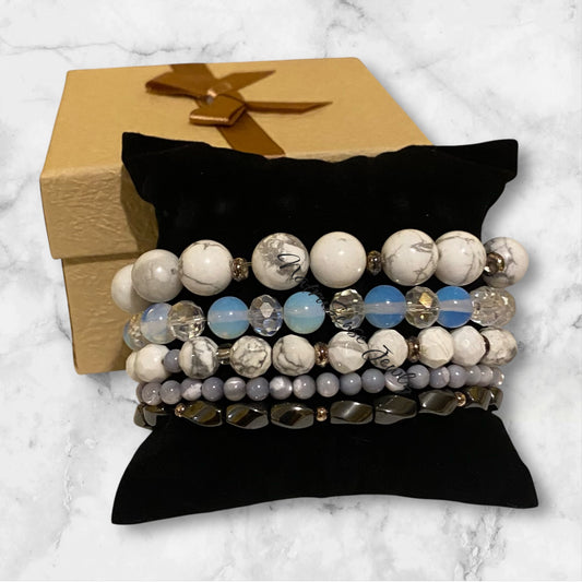 Beaded White Howlite Stretch Bracelet, Sterling Silver Accents